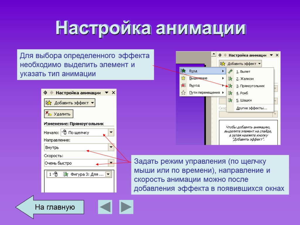 Настройка анимации Для выбора определенного эффекта необходимо выделить элемент и указать тип анимации Задать